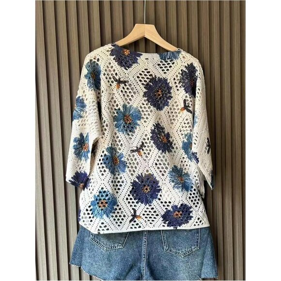 Women's Crochet Sweater Floral Boho V Neck 3/4 Sleeve Knit Top - Picture 2 of 4